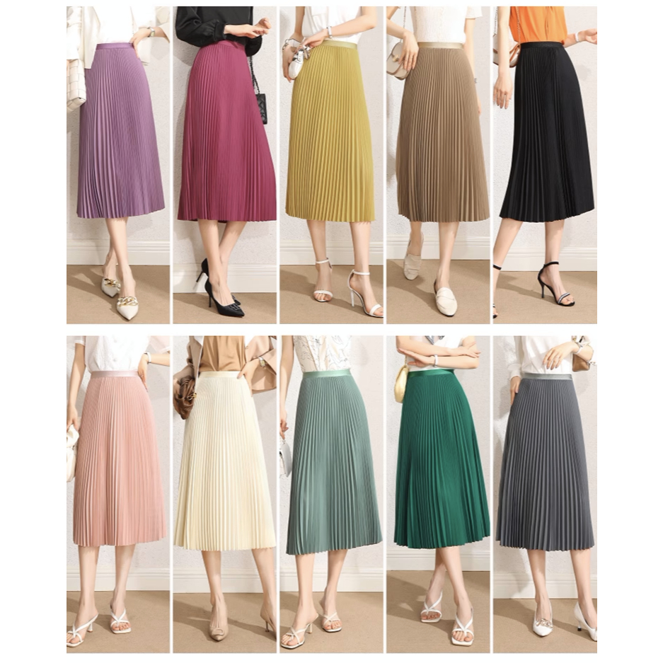 【พรอมสงในไทย】กระโปรงยาวอดพลท จบแนนทรงสวย พลทไมแตก ผาทงตวไมตองรด Freesize ม 14 ส