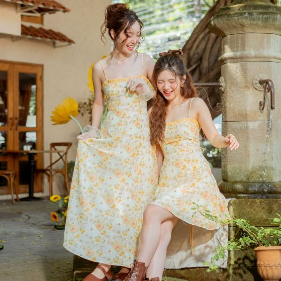 Kokiji - Sunflower Lynnie เดรสลายดอกสีเหลือง ผ้าทิ้งตัว สายหลังปรับได้ เดรสยาว เดรสสั้น (update size‼️)