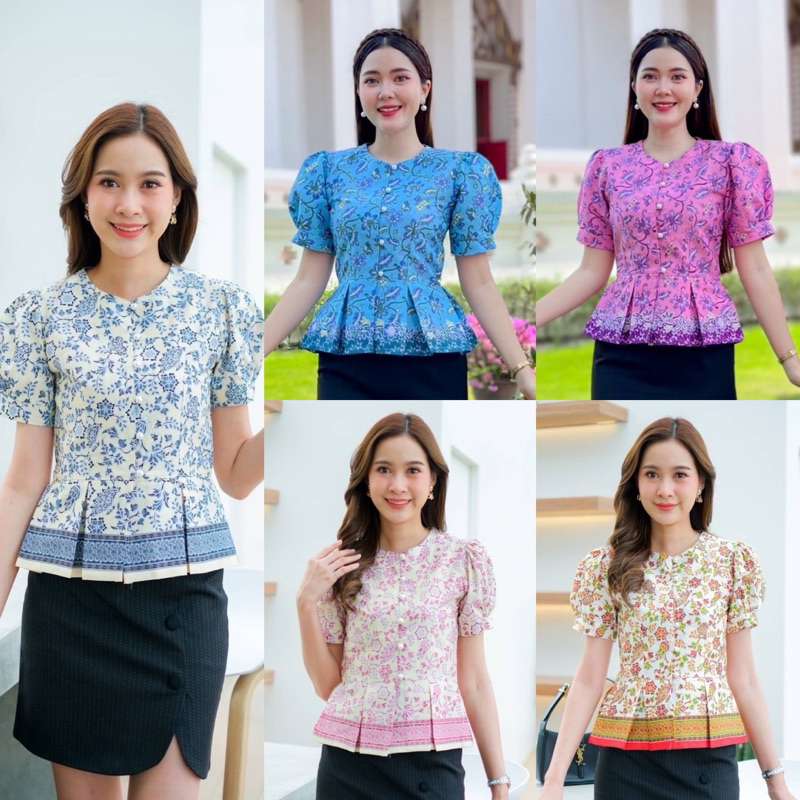 เสื้อปาเต๊ะพิมพ์ลายดอก คอกลมแขนตุ๊กตา ทรงน่ารัก