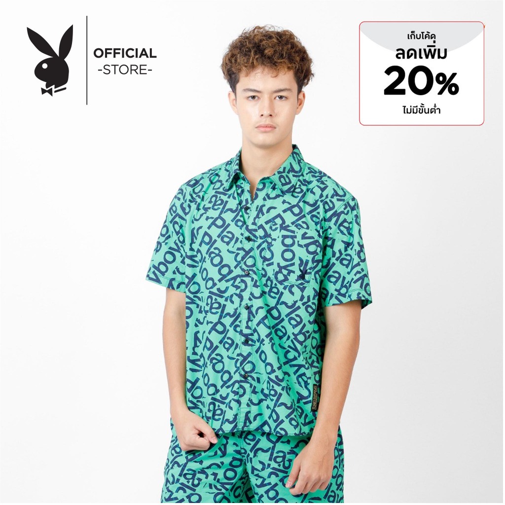 PLAYBOY PLAYTOPIA เสื้อเชิ้ตแขนสั้น พิมพ์ลายทั้งตัว อกหน้ามีกระเป๋าก้นกระเป๋าล่างซ้ายปักหัวกระต่าย