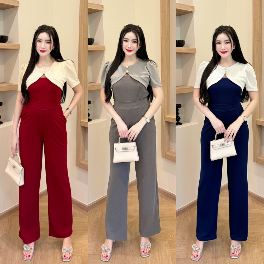 ชุดเซตยาวผ้าวูลเวฟทรูโทน เสื้อแขนสั้นแต่งกระดุมมุกหน้า+กางเกงเอวเรียบสม็อคหลังมีกระเป๋า A5339