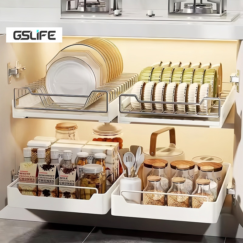 GSlife【ไม่ต้องเจาะรู】ชั้นวางจานแบบลิ้นชักพร้อมรางเลื่อน ชั้นวางจานสแตนเลส ตู้เก็บเครื่องปรุงบิวท์อิน