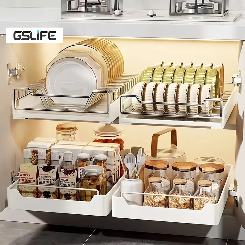 GSlife【ไม่ต้องเจาะรู】ชั้นวางจานแบบลิ้นชักพร้อมรางเลื่อน ชั้นวางจานสแตนเลส ตู้เก็บเครื่องปรุงบิวท์อิน ชั้นวางของในครัว
