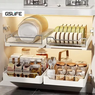 GSlife【ไม่ต้องเจาะรู】ชั้นวางจานแบบลิ้นชักพร้อมรางเลื่อน ชั้นวางจานสแตนเลส ตู้เก็บเครื่องปรุงบิวท์อิน ชั้นวางของในครัว