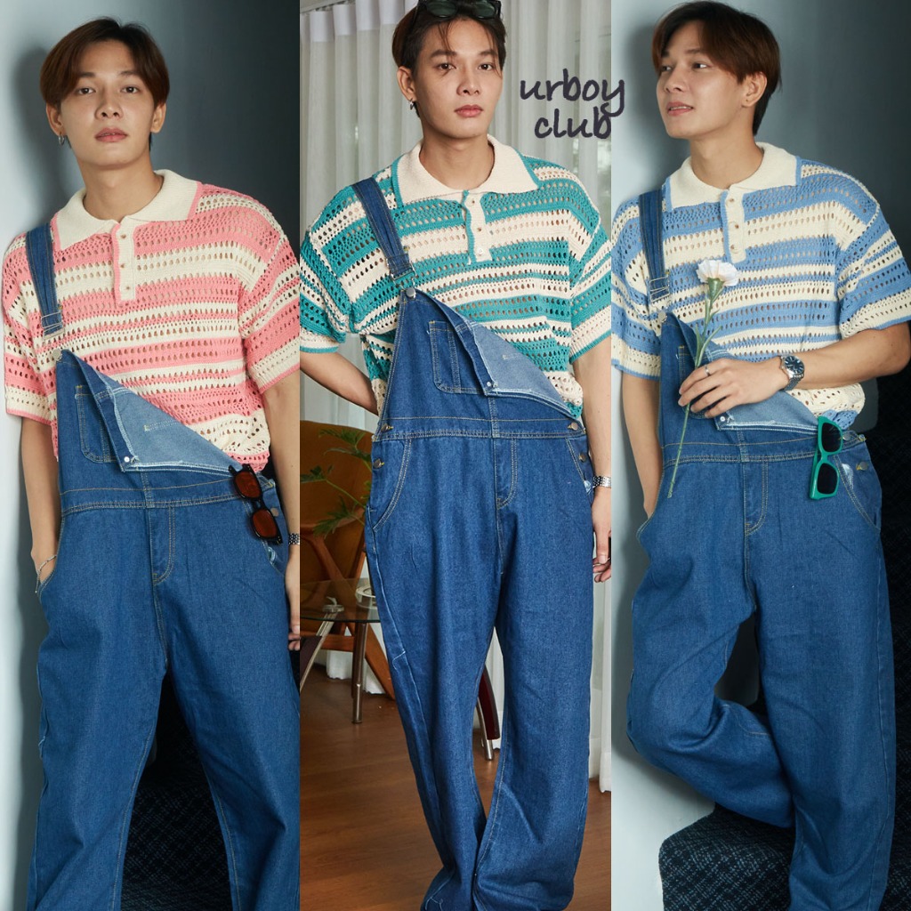 Urboyclub - Knit polo เสื้อโปโลลายทางไหมพรมผู้ชาย เสื้อไหมพรมแขนสั้นลายทาง เสื้อโอเวอร์ไซส์ลายทางผ้าไหมพรมตาข่าย