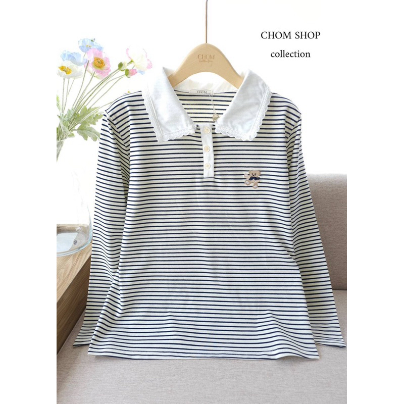 พร้อมส่ง เสื้อยืดแขนยาว ป้ายChom อกหน้าผ้า42 ยาว24 ผ้ายืด ผ้าคอลตอล คอปก ติดกระดุม 3 เม็ด แขนยาว งานปักลายน่ารักๆ