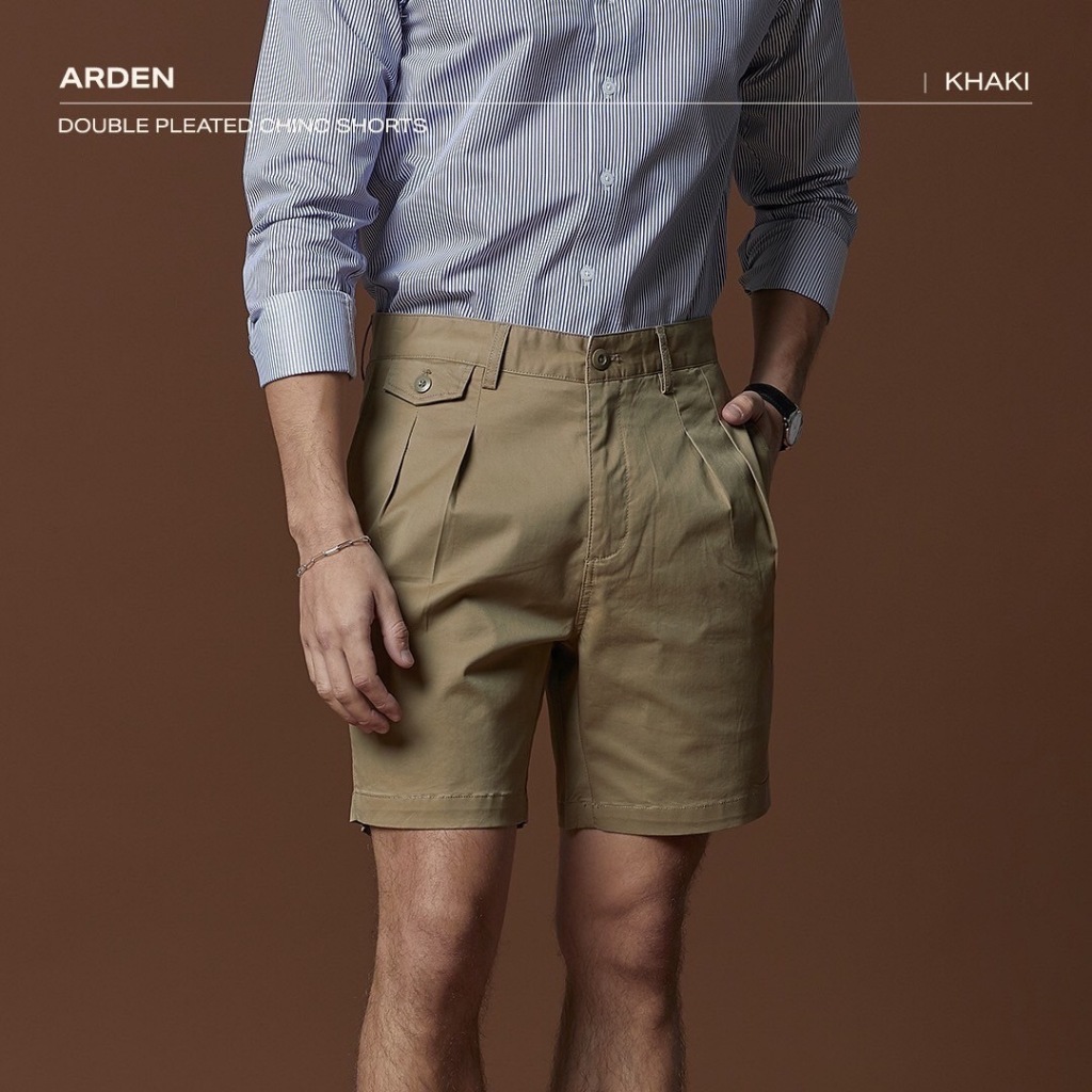 TWENTYSECOND กางเกงขาสั้น ผ้าชิโน มีจีบ รุ่น Arden Double Pleated Shorts - กากี / Khaki