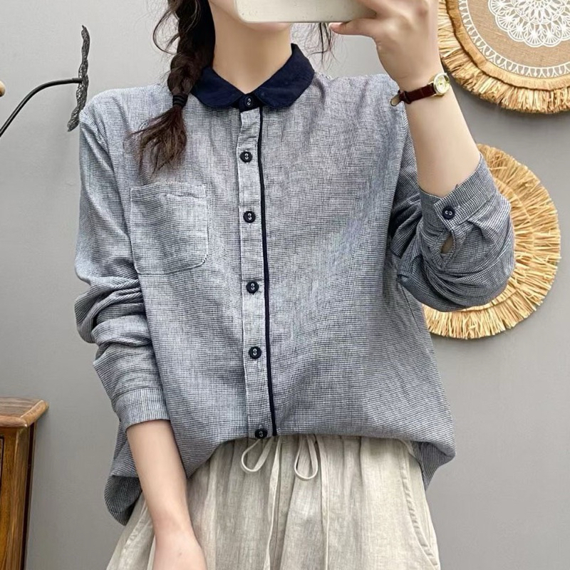 เสื้อเชิ้ตแขนยาว คอบัว ปกทูโทน แต่งแถบกระดุม 38-44“ ผ้าลายตารางเล็ก ๆ เสื้อทำงาน ผ้าสาลู 2 ชั้น MyCotton Herbiestyle