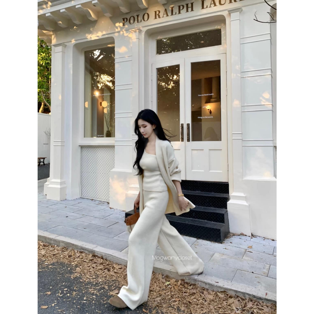 Mogwany พรี  Rachel Set (เซท 3 ชิ้น เสื้อตัวใน + เสื้อคลุม +กางเกง) 2 สีขาว, เทา ทรงสวยผ้านิ่ม เก็บโค้ดหน้ากิจกรรม