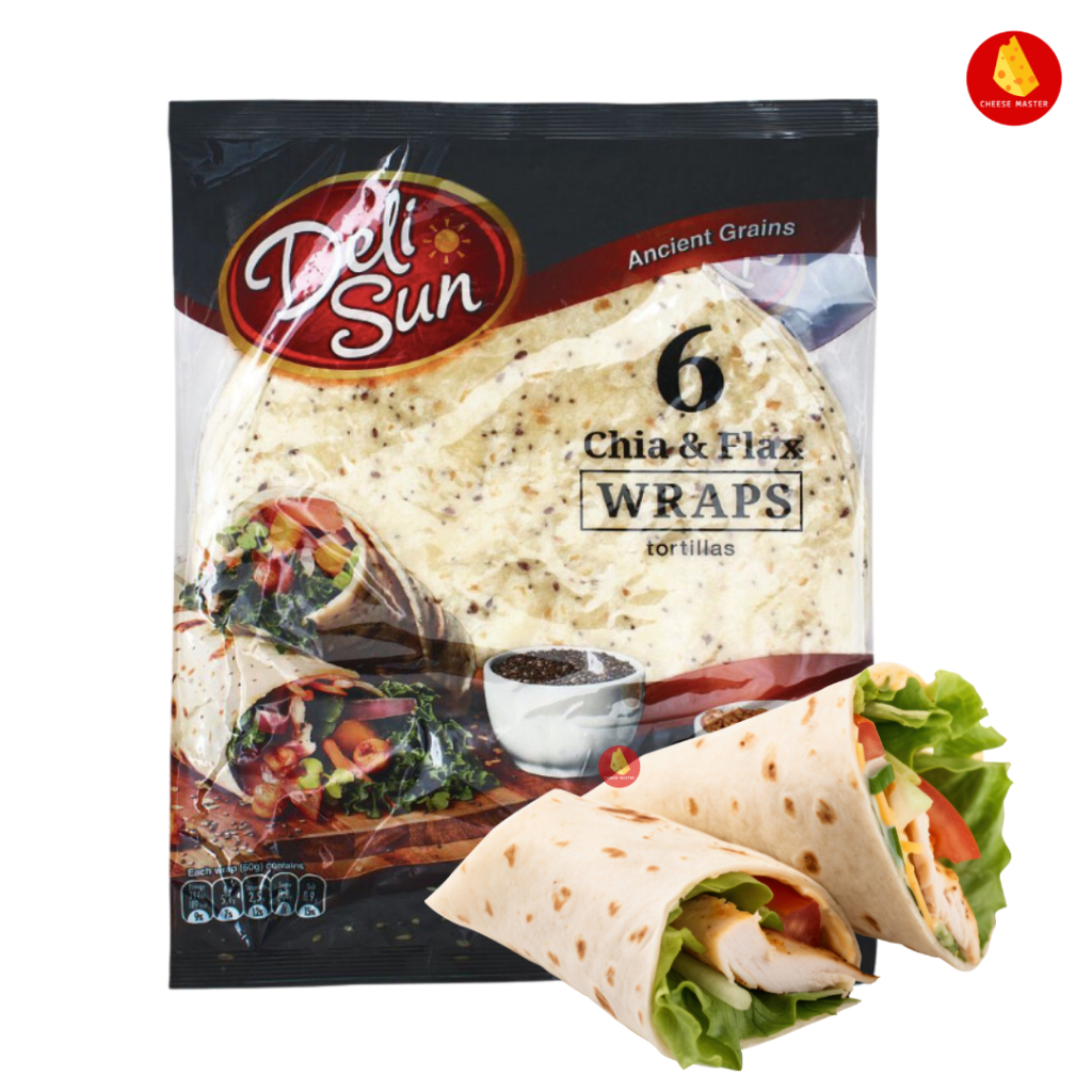 แป้งแรป แป้งแรพ ผสม เมล็ดเจี่ย เฟล็กซ์ Deli Sun Tortillas Wrap Chia+Flax 320g  23.5cm 6pcs