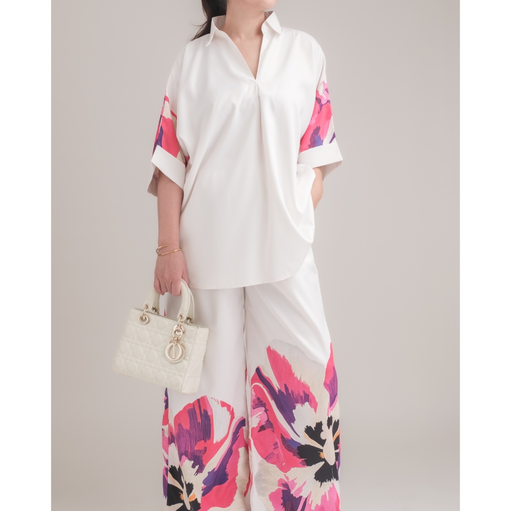 ชุด Corful Poppy คอปก ขายาว ผ้าซาตินกัน UV