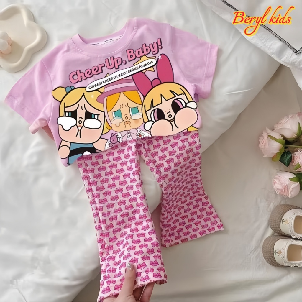 Beryl kids ชุดเซ็ตเด็กผู้หญิงแฟชั่น ชุดสูทลําลองเด็กสองชิ้น เสื้อแขนสั้นกางเกงขายาว งานสกรีนลายน่ารัก สไตล์เกาหลี ฤดูร้อ