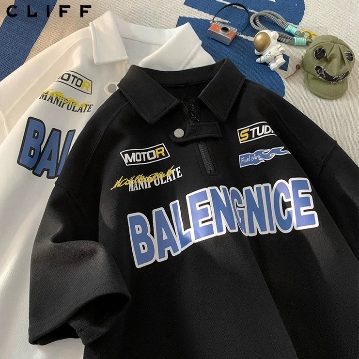 CLIFF เสื้อโปโลผู้ชาย สไตล์อเมริกัน เสื้อคอปก แขนสั้นฤดูร้อน ครึ่งซิป น่ารักดี