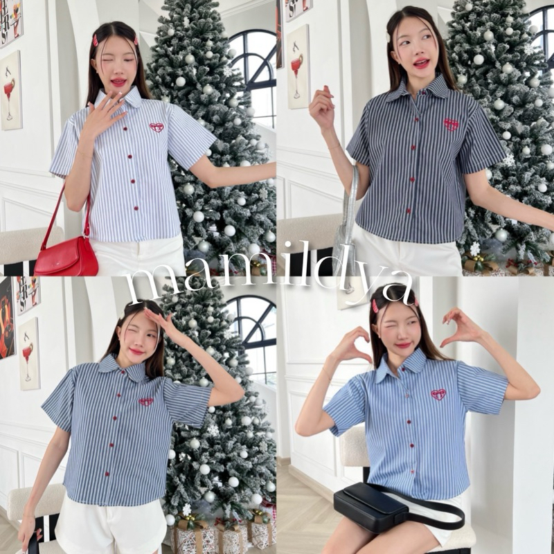 Mamildya.shop เสื้อคอปกยีนส์ปักหัวใจโบว์สีแดงน่ารักๆ กระดุมเล็กๆใช้งานได้จริง/O2-5 /KHUN-ปกM