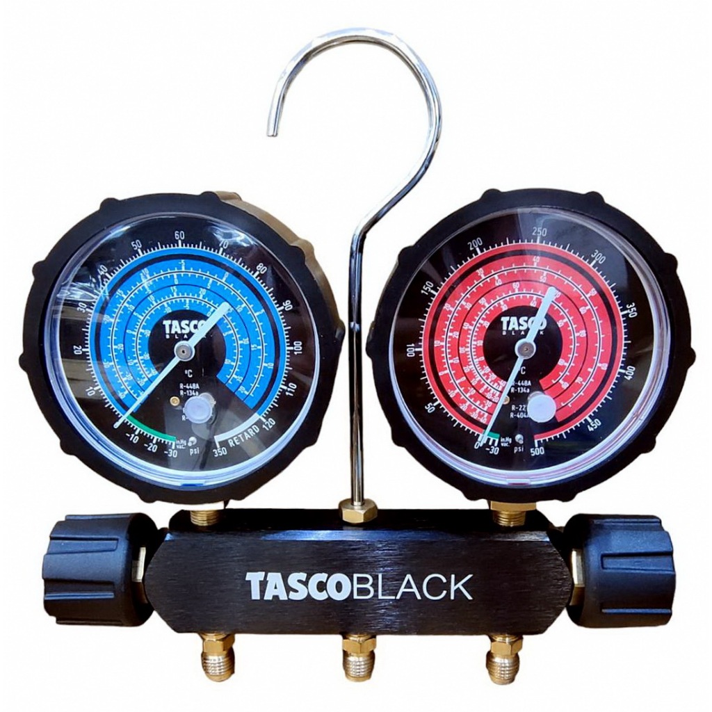 เกจ์คู่สำหรับชาร์จน้ำยาพร้อมสาย 60 นิ้ว 3 เส้น (R22,R134a,R404a,R448a) TASCO BLACK รุ่น TB120RS