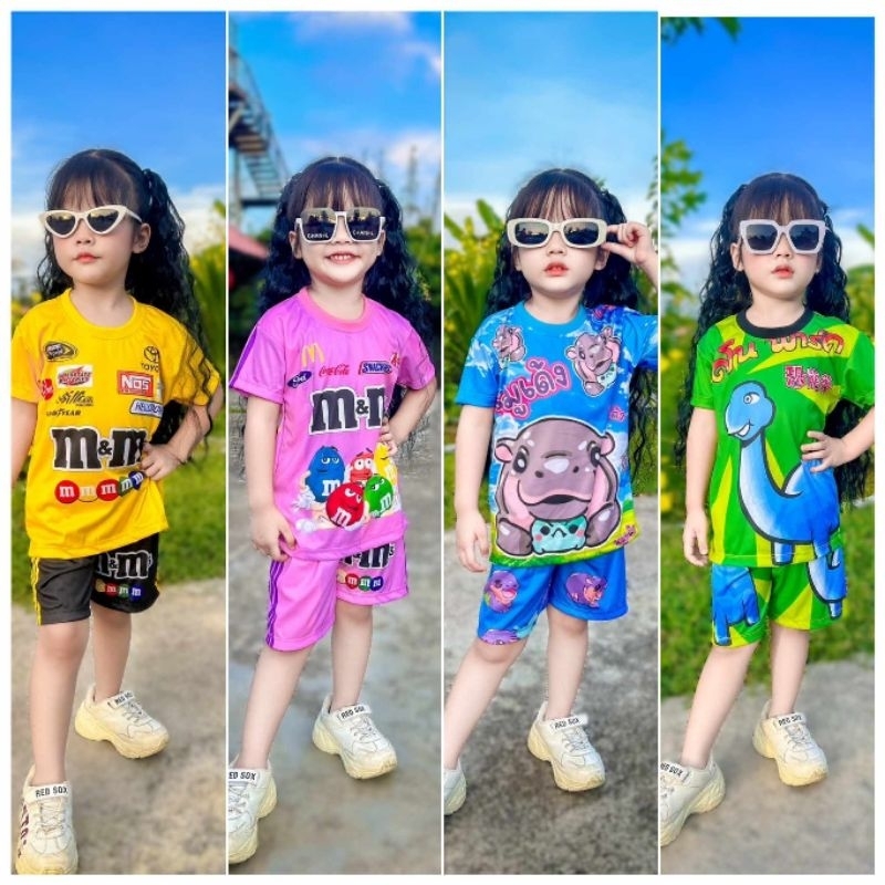 พร้อมส่งชุดเซ็ทเด็กแขนสั้น + กางเกงขาสั้นลายm&mแฟชั่นสุดฮิตสำหรับน้องๆ 1-12 ปี