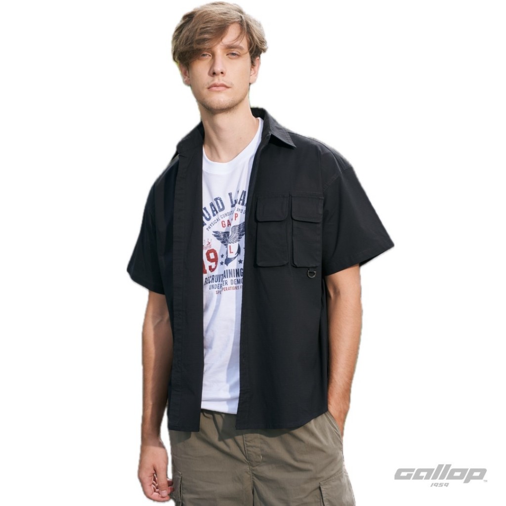 GALLOP : CAMPING OVERSHIRT MEN เสื้อเชิ้ตแขนสั้น ทรงโอเวอร์ไซส์ รุ่น GW9044 สี BLACK - ดำ / ราคาปกติ 1990. -