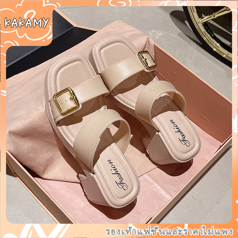 KAKAMY รองเท้าแตะ หนัง Pu ส้นกลาง ทรงสี่เหลี่ยม สีพื้น แบบเรียบง่าย สไตล์เกาหลี สําหรับผู้หญิง