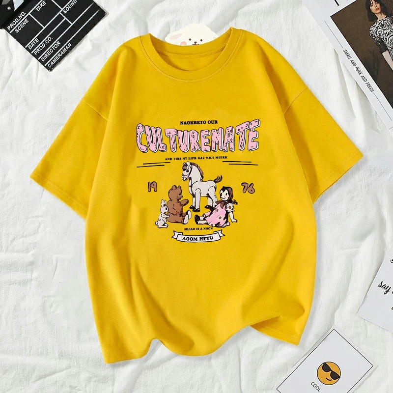 เสื้อยืดผู้หญิงแฟชั่นสาวลายการ์ตูนน่ารักฤดูร้อนเสื้อผ้าแฟชั่นส่วนเกาหลีสวมใส่สบายมาก#A175