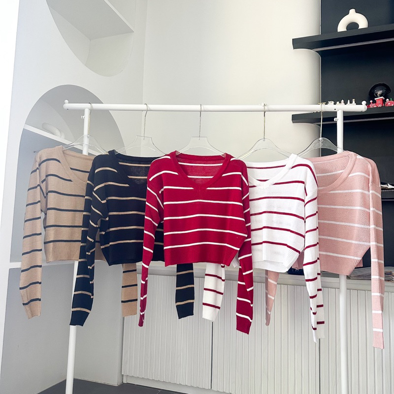 GALL w cardigan เสื้อไหมพรหมคอวีลายริ้ว🍒พร้อมส่ง