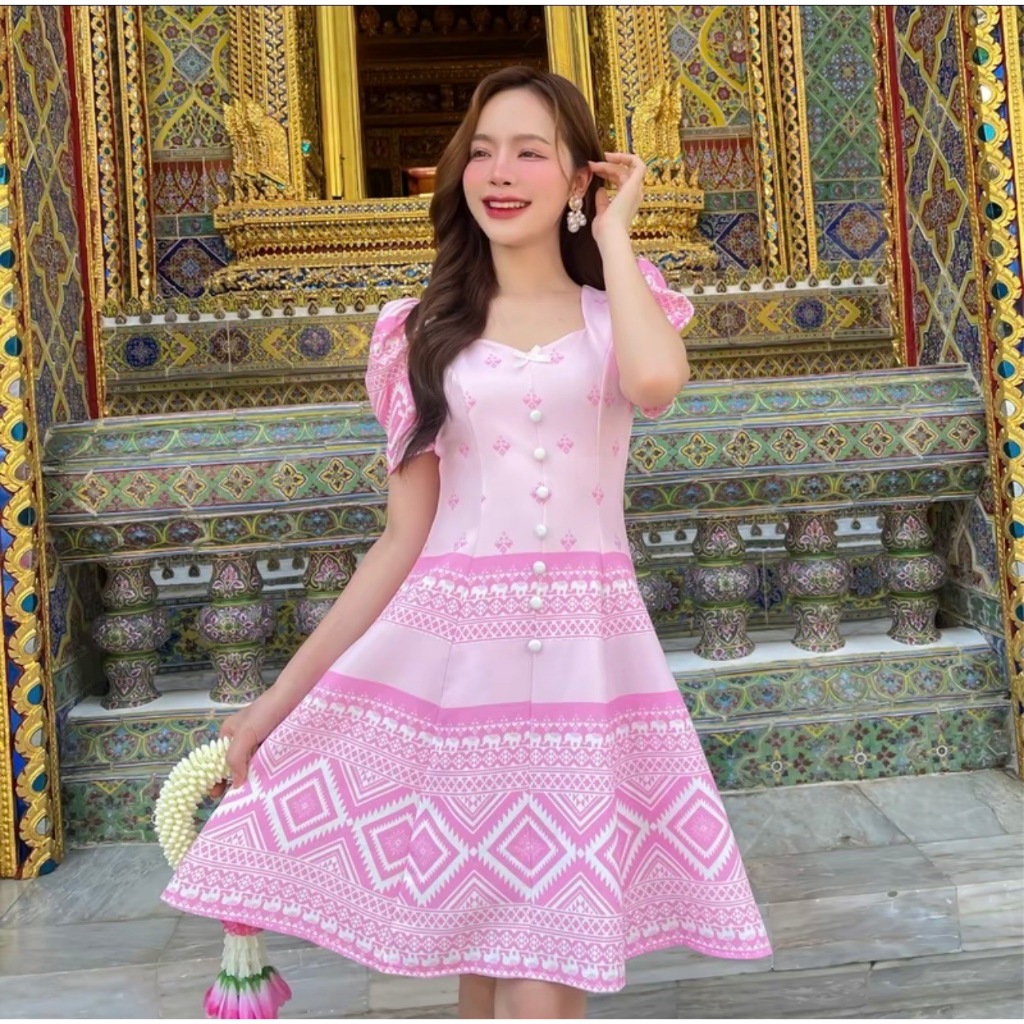 BLT BRAND SP310 การันตีเสื้อผ้าแบรนด์แท้ มินิเดรสชุดไทยสีชมพู ตัดขาวแขนสั้น ความยาวกำลังดี ใส่เข้าวัดทำบุญ