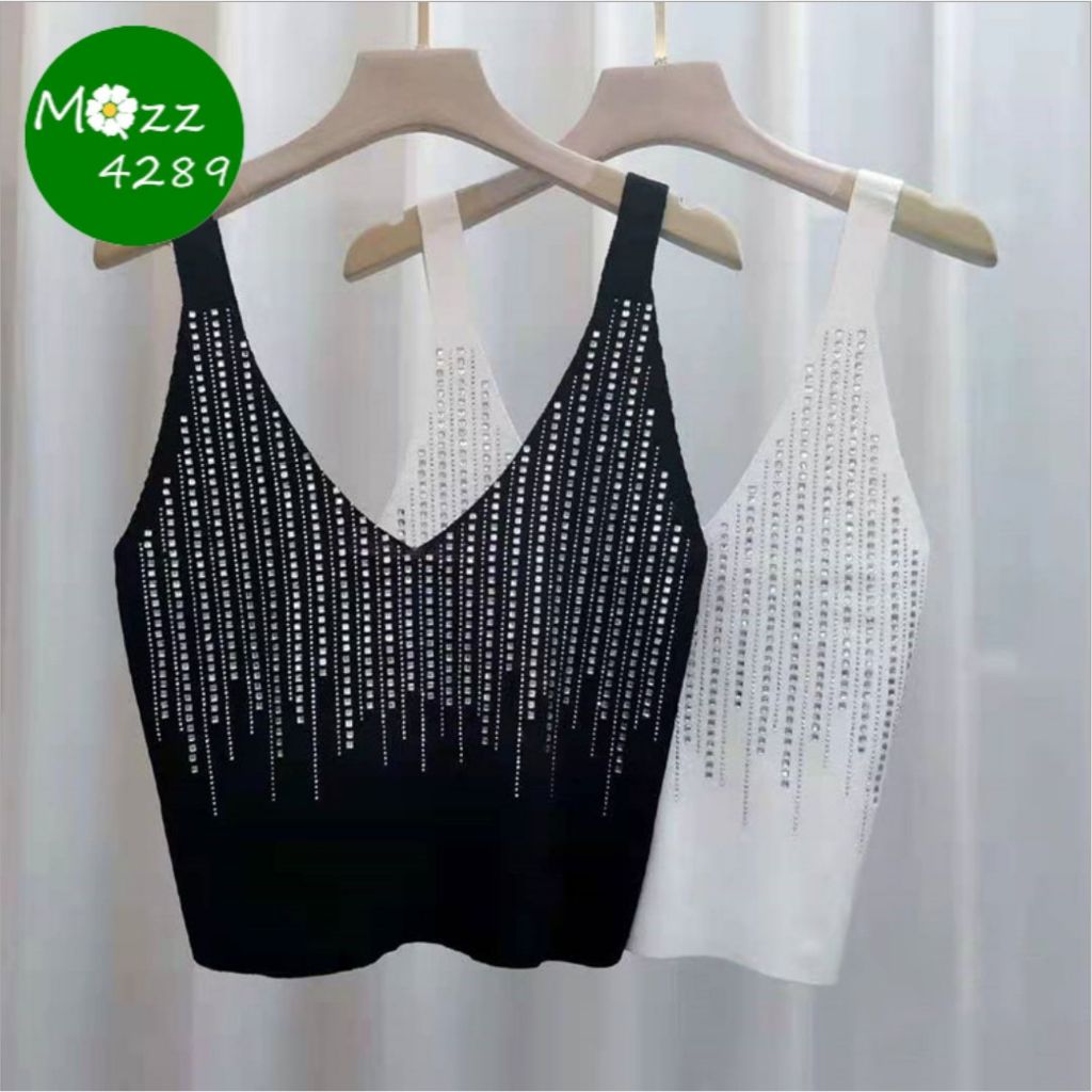 MQzz4289 *พร้อมส่ง* เสื้อสายเดี่ยว เสื้อครอป ประดับเพชรวิบวับ  ผ้าไหมพรมบาง ผ้านุ่ม ยืดได้  FreeSize