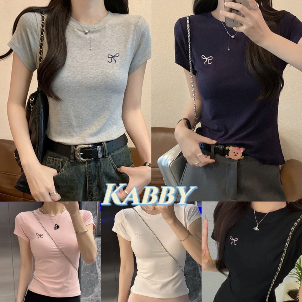 พร้อมส่ง🎀 เสื้อยืดแขนสั้น งานปักโบว์คอกลม ผ้าใส่สบาย