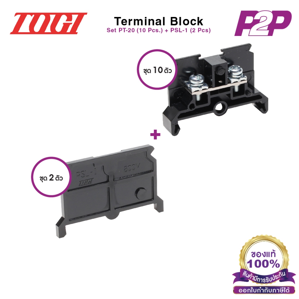 PT-20 + PSL-1 : เทอมินอลบล็อค + ฝาปิดเทอมินอลบล็อค Terminal Blocks, End Plate 22A 2mm - Togi / Toyogiken by pik2pak.com