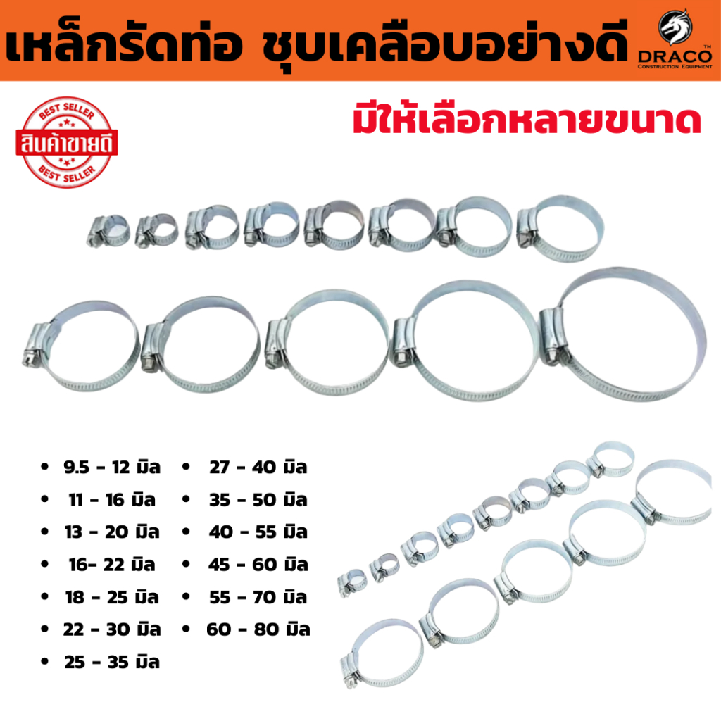 เหล็กรัด  มีให้เลือกขนาดต่างๆ 1 ชิ้น เข็มขัดรัดท่อ กิ๊บรัดสายยาง เข็มขัดรัดสายยาง เหล็กรัดสายยาง แหวนรัดสาย