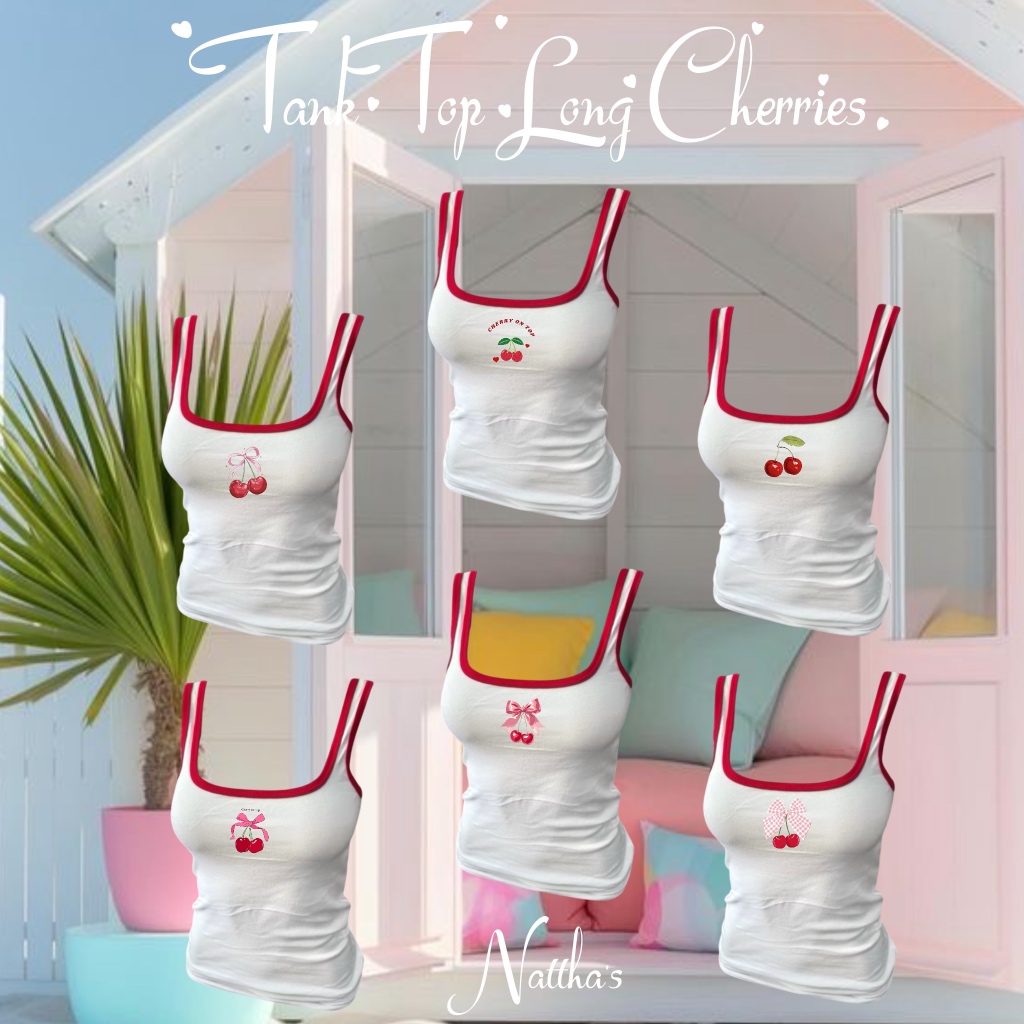 เสื้อกล้ามเชอรี่ขาวขอบแดงแบบยาว ใส่ไปทะเล Tank Top Long Cherries