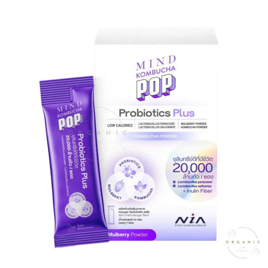 MIND KOMBUCHA POP ผงคอมบูชะ และ โพรไบโอติก Probiotics  ขนาด14 กรัม 7 ซอง แคลอรี่ต่ำ