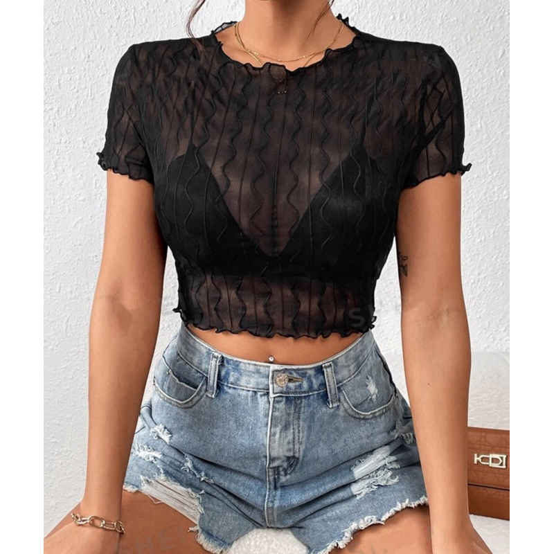 ✨ไซร้ใหญ่✨มีแขน สั้น เสื้อครอปสั้น ซีทรู เซ็กซี่ - รูปที่ 2