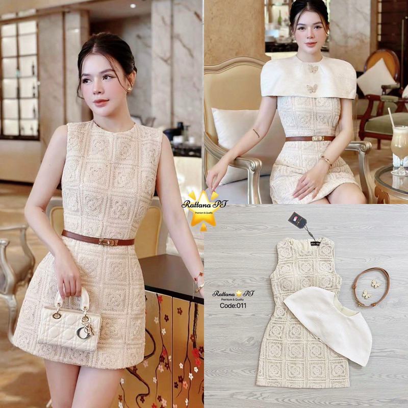 CODE: 011 เดรสสีครีมเนื้อผ้าลูกไม้ + เสื้อคลุม +เข็มขัด งานป้าย Rattana