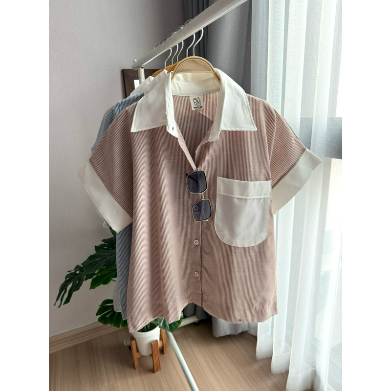 [อก 44] เสื้อเชิ๊ตผ้าฝ้ายทอริ้วเล็กแต่งปกขาว (BB1)