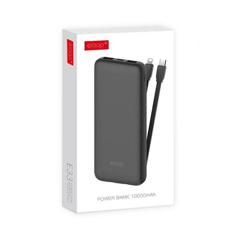 Powerbank Eloop E33 Line แบตเตอรี่สำรอง 10000mAh มาพร้อมสายชาร์จในตัว ทั้งสาย L-Cable และ Type-C สีดำ