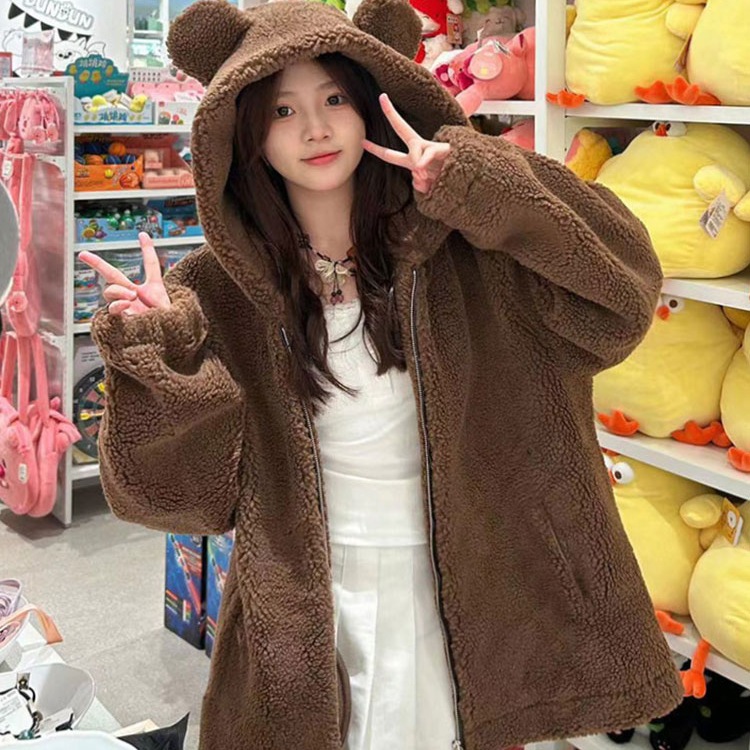 พร้อมส่ง เสื้อแจ็คเก็ตกันหนาว รูปทรงหมี มีหู มีหาง ซิปหน้า ฟรีไซส์ ใส่คลุมลำลอง สไตล์เกาหลีน่ารัก เสื้อสตรี วัยรุ่น