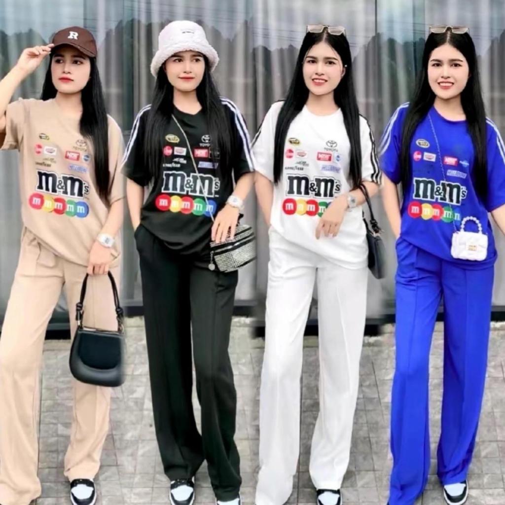 พร้อมส่ง 005ชุดผ้าวูลเวฟ ทรงโวเวอร์ไซส์ M&M