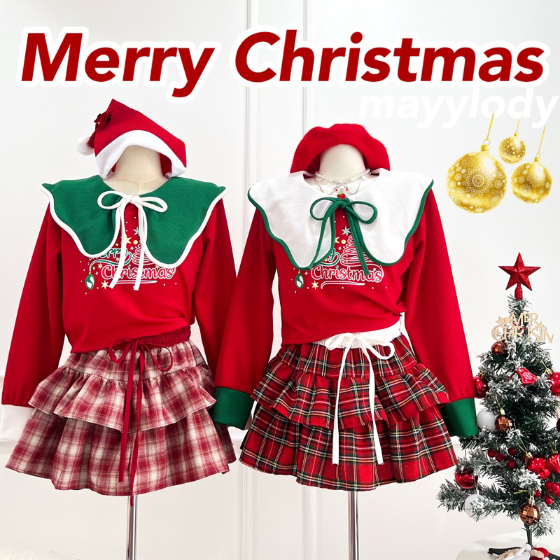 mayylody Merry Christmas เสื้อ / กระโปรง ( มีซับใน ) ต้อนรับเทศกาลคริสต์มาส ชุดสีแดง / คริสต์มาส