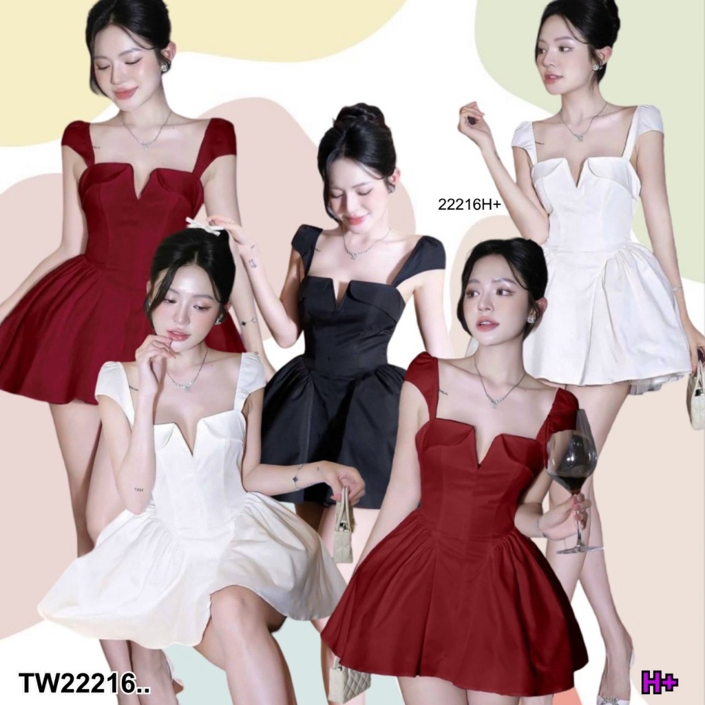 TwinsShopVip พร้อมส่ง TW22216 เดรสสั้นคอวีลึกเสื้อทรงแขนกึ่งตุ๊กตา ..