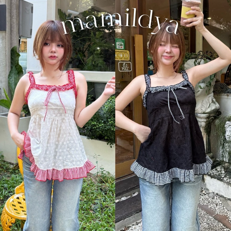 Mamildya.shop เสื้อสายเดี่ยวผ้าลูกไม้ปักฉลุ แต่งผ้าสก็อต/ R2-4/NUSA-เดี่ยวพู่