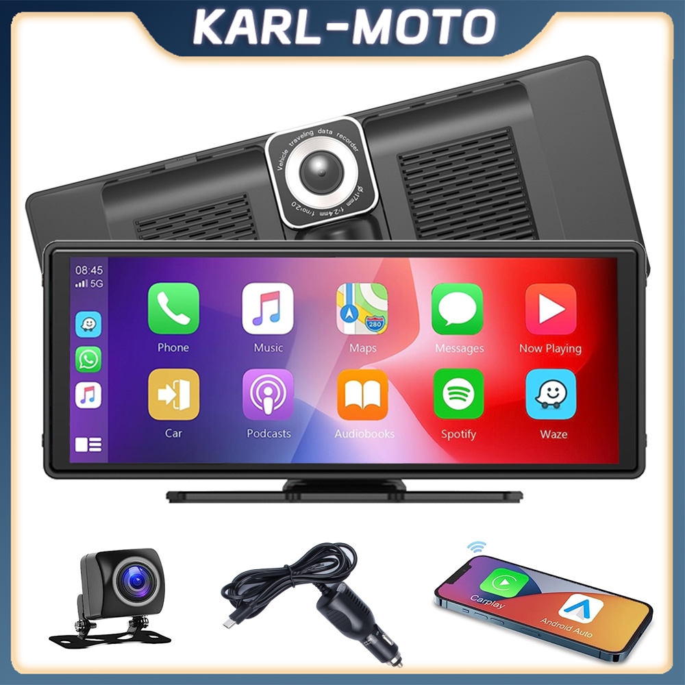 4K+1080P Carplay dash cam กล้องติดรถยนต์ Android Auto 10นิ้วหน้าจอสัมผัสเลนส์คู่รถ DVR WIFI บลูทู ธ เสียงควบคุมฟังก์ชั่น