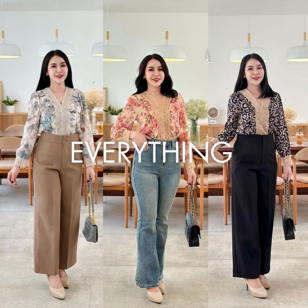 Everything2019 เสื้อคอวีแต่งระบายอกลูกไม้ แขนยาว ผ้าชีฟองมีซับใน เสื้อทำงานผู้หญิง (6169)