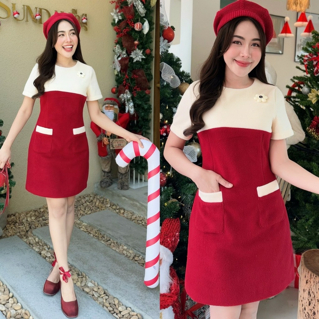 AN741 เดรสทูโทนแขนสั้นแต่งกระเป๋า The Alner Women Clothing เสื้อผ้า Dress ผู้หญิง