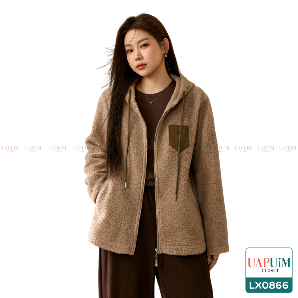(LX0866)เสื้อกันหนาวสาวอวบเสื้อแจ็คเก็ตกันหนาวสุดเท่ พร้อมลุยทุกสภาพอากาศ ดีไซน์แต่งฮู้ด (ถอดไม่ได้)