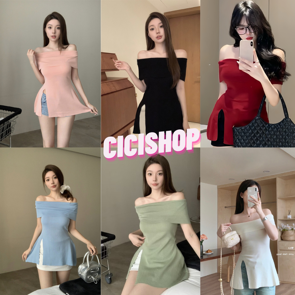 Cicishop (0192) เสื้อปาดไหล่ไหมพรม สีสันสดใจ ยืดได้เยอะ ผ่าข้างเล็กน้อย เข้ารูปสับๆ