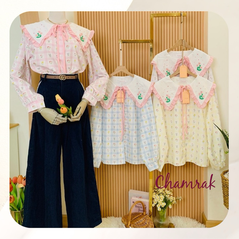 #พร้อมส่ง เสื้อคอปก ปักดอกไม้ แขนตุ๊กตา รุ่นนี้น่ารัก เกาหลีเกาใจ