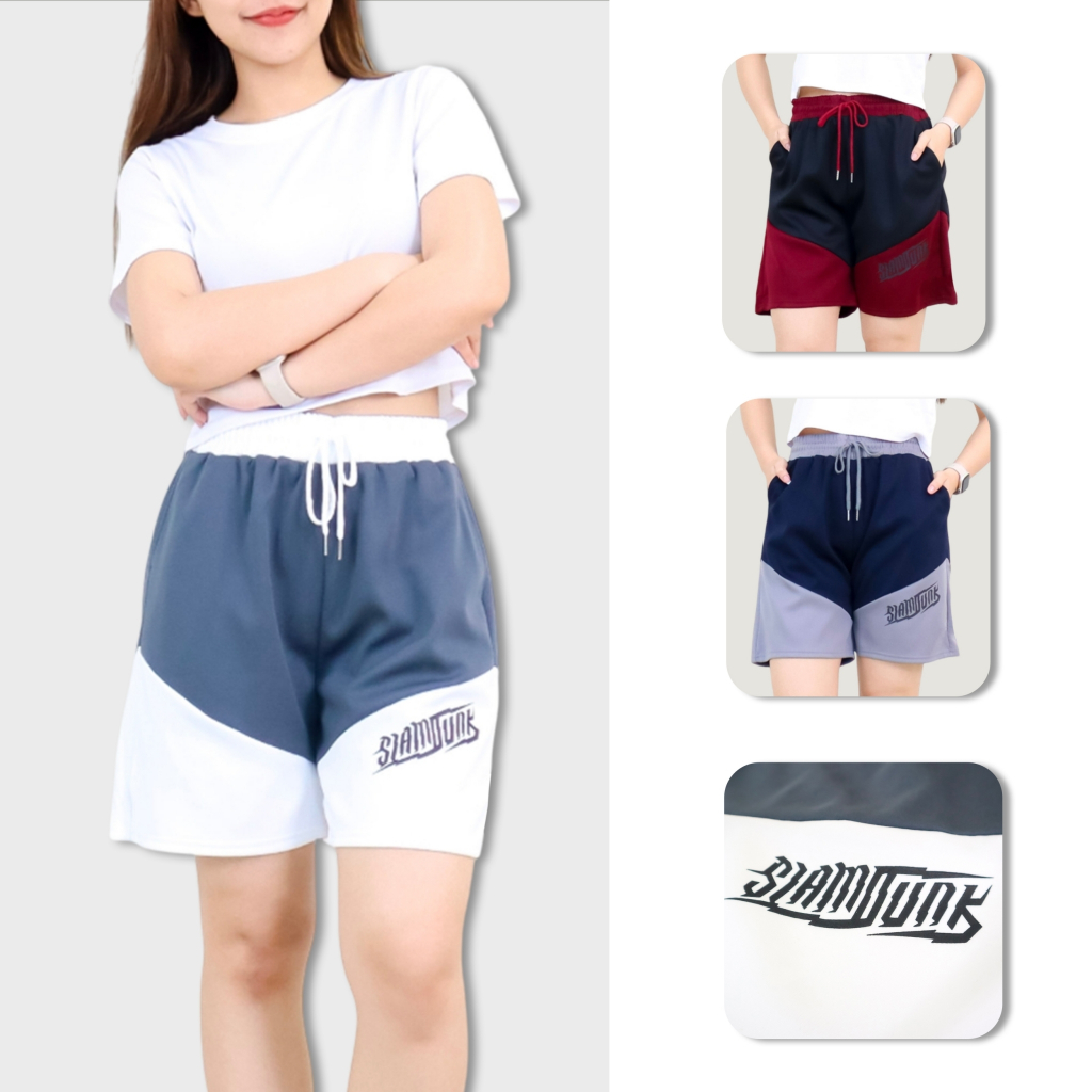 p5968# กางเกงขาสั้น 5ส่วน กางเกงลำลองขาสั้น สกรีนลาย แต่งสีทูโทน ผ้าเกาหลี ใส่ออกกำลังกายได้