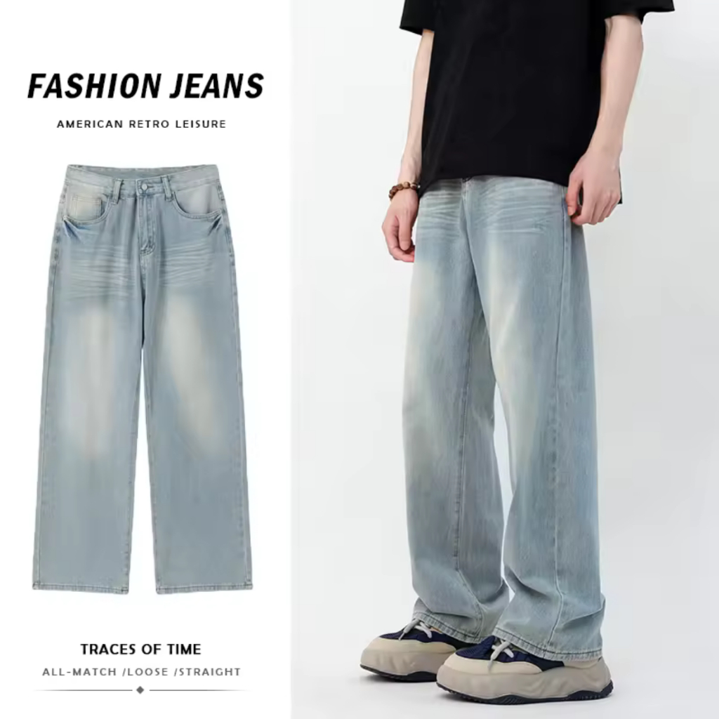 คุณภาพสูง 11 สี กางเกงยีนส์ผู้ชายขากระบอกใหญ่ กางเกงยีนส์สตรีท Baggy jeans