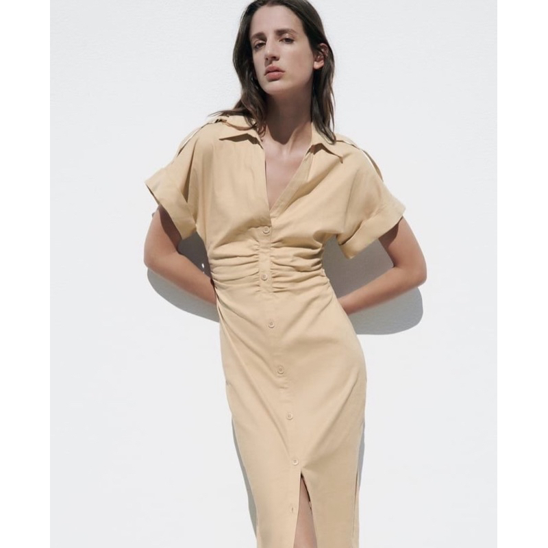 ZARA : RUCHED LINEN BLEND MIDI DRESS แท้100%