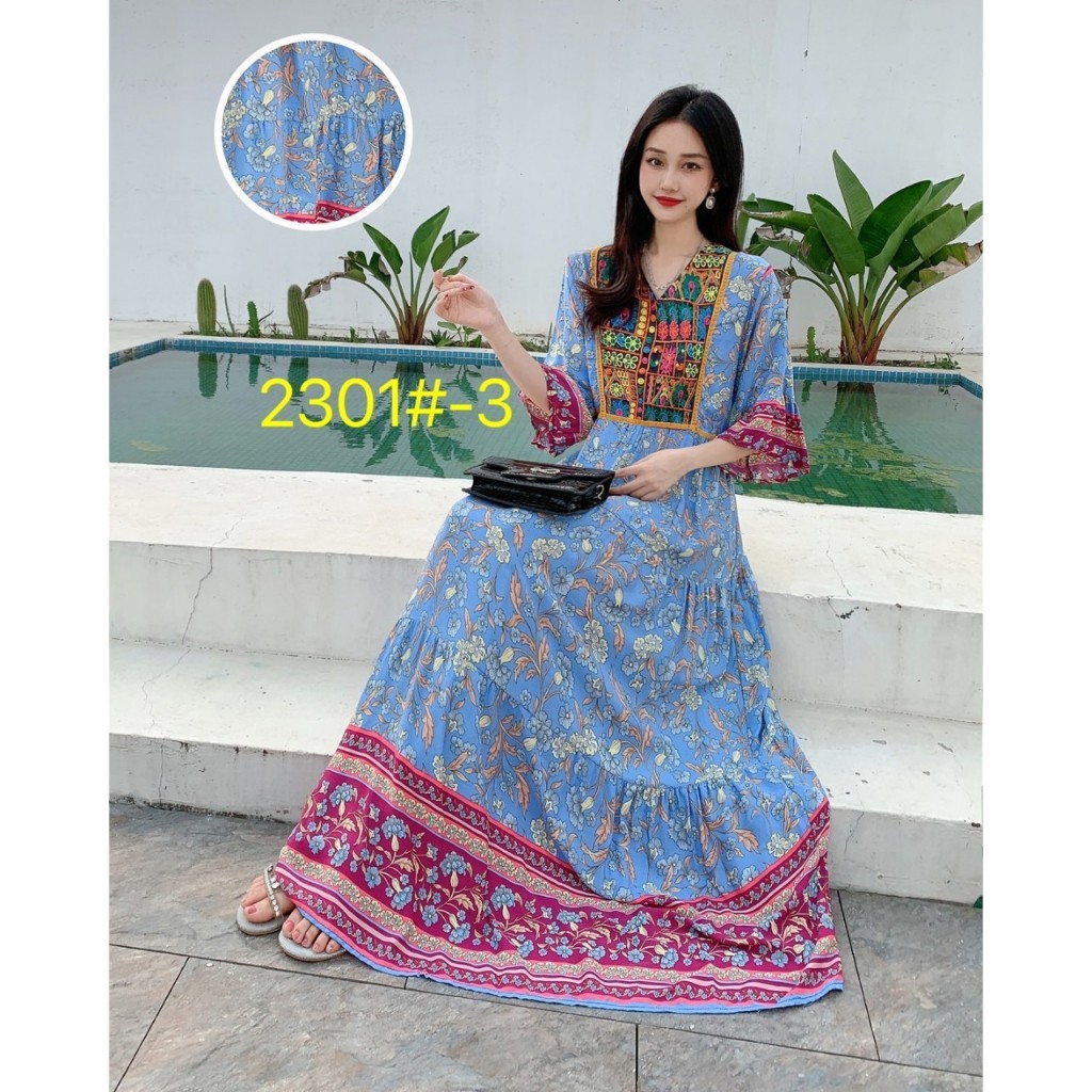 เดรส กระโปรงยาว สตล์โบฮีเมี่ยน ฟรีไซด์อก32-42 ยาว47 นิ้ว อวบอ้วนใส่ได้ ผ้าสปัน มียางยืดเชือกผูกปรับขนาดได้  ส่งจากไทย